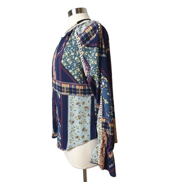Women's Long Sleeve V-Neck Blouse Patchwork Print Dressy Top Large NWOT - Picture 5 of 7